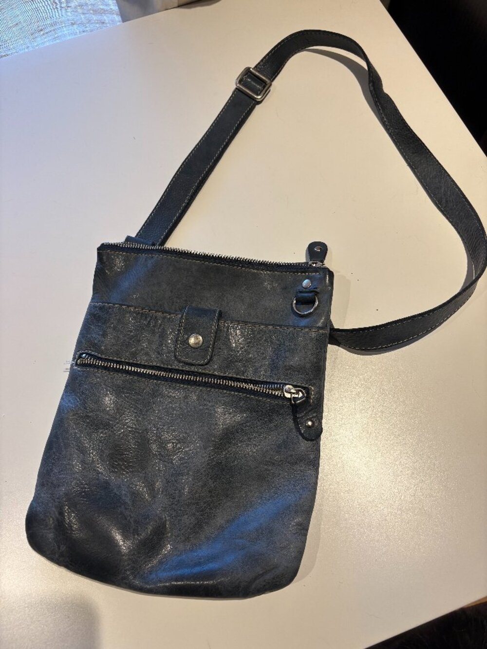 Distressed Denim Blue Roots Leather Saddlebag Purse